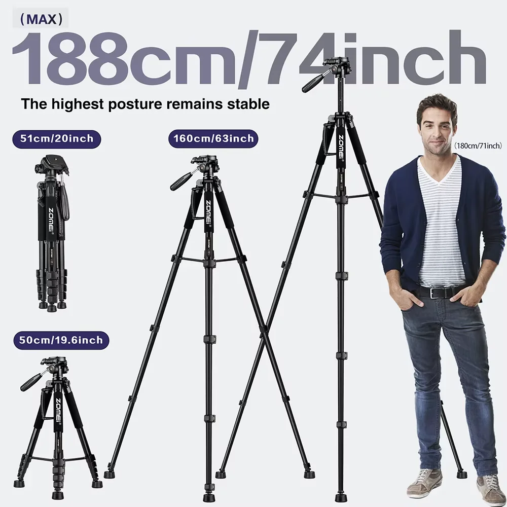 187cm/73in Tall Zomei Tripod Stand for Professional Camera Spotlight Telescope Binoculars 360° Rotatable Phone Holder for Video
