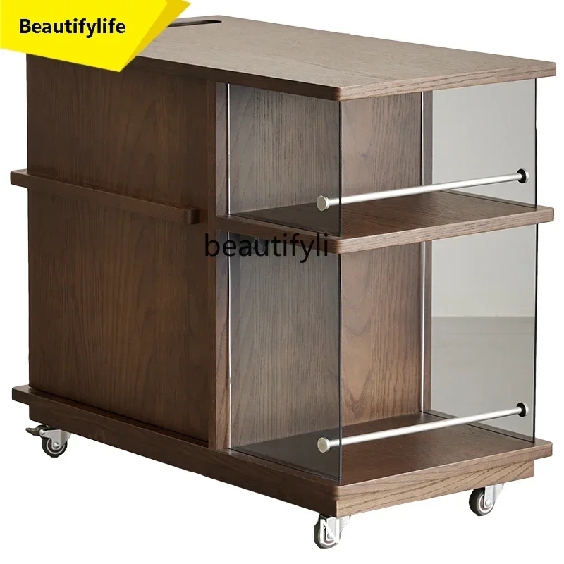 60.Modern Minimalist Solid Wood Coffee Table Trolley Small Apartment Living Room Sofa Side Cabinet Balcony Storage Tea Counter