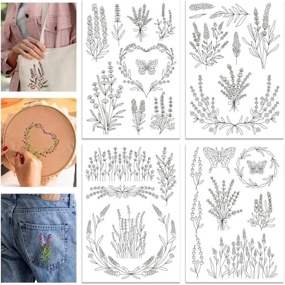 4 Sheets Lavender Flower Butterfly Water Soluble Stabilizer Hand Embroidery for DIY Sewing Embroidery Adhesive Hand Sewing