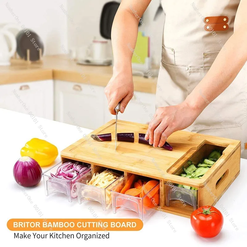 Home Kitchen Bamboo Cutting Board Set Multifunctional Chopping Block with Drawer Classified Storage Tray Natural Nan Bamboo