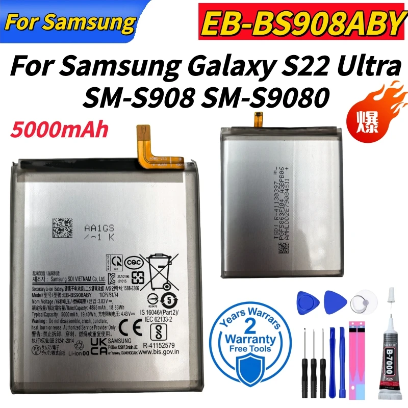 

New EB-BS908ABY 5000mAh Replacement Battery For Samsung Galaxy S22 Ultra S22Ultra SM-S908 SM-S9080 Mobile Phone Batteries