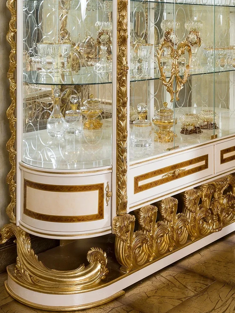 النمط الأوروبي فيلا قاعة النبيذ عرض خزانة خشب متين الذهب احباط غرفة المعيشة جدار خزانة التخزين #3