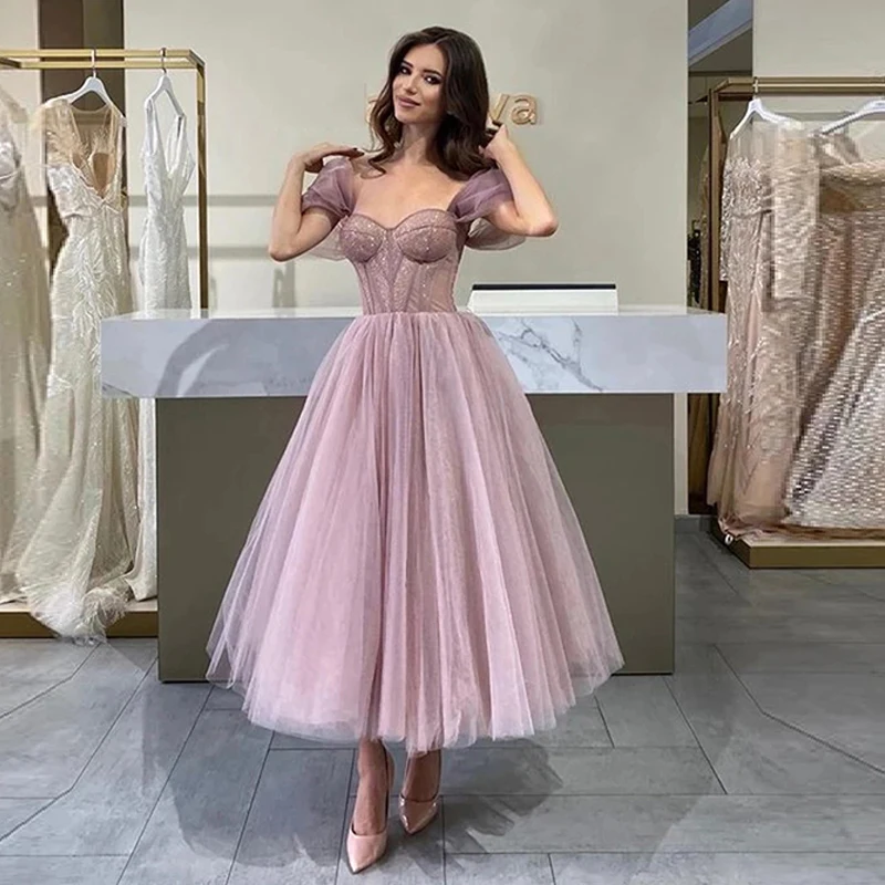 Musetta Pink Simple Tulle Short Prom Dresses Off The Shoulder Saudi Arabia Formal Party Gowns Fitted Bone Women Homecoming Dress