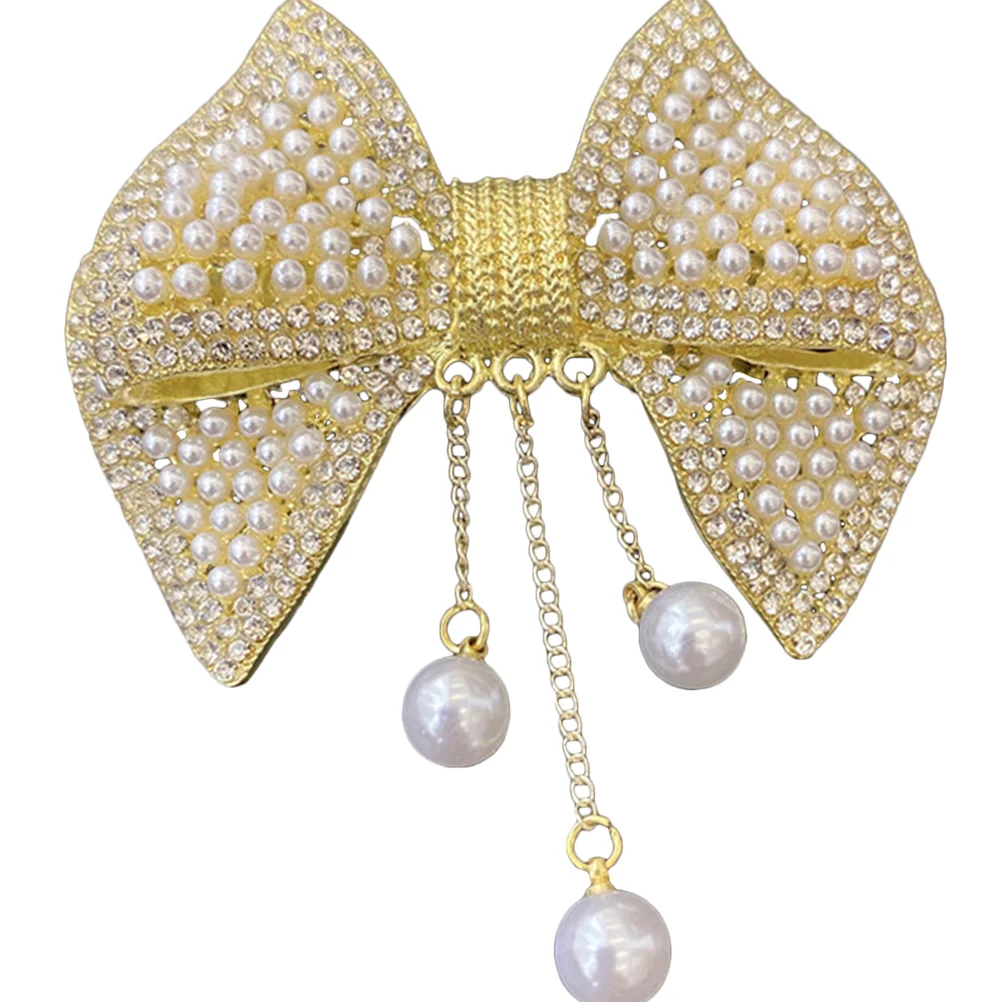 

Bow Hair Spring Clip Pearl Rhinestone Decor Clip Headdress for Female Woman Lady Golden White Hair Clip Bow