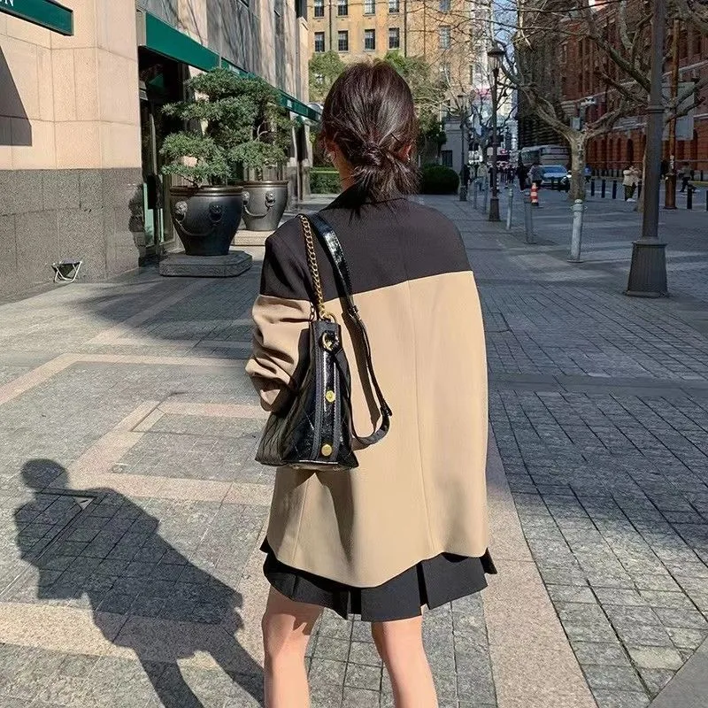 Women's Contrasting Stitching Blazer, Korean Version Overcoat, Temperament Casual Coat, High-end Suit, Spring, Autumn, New Style