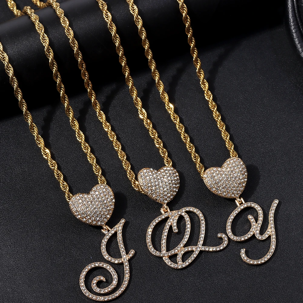 New Gold Silver Color Crystal Initial Cursive Letter Necklace For Women Hip Hop Stainless Steel Rope Chain Necklace 2022 Jewelry