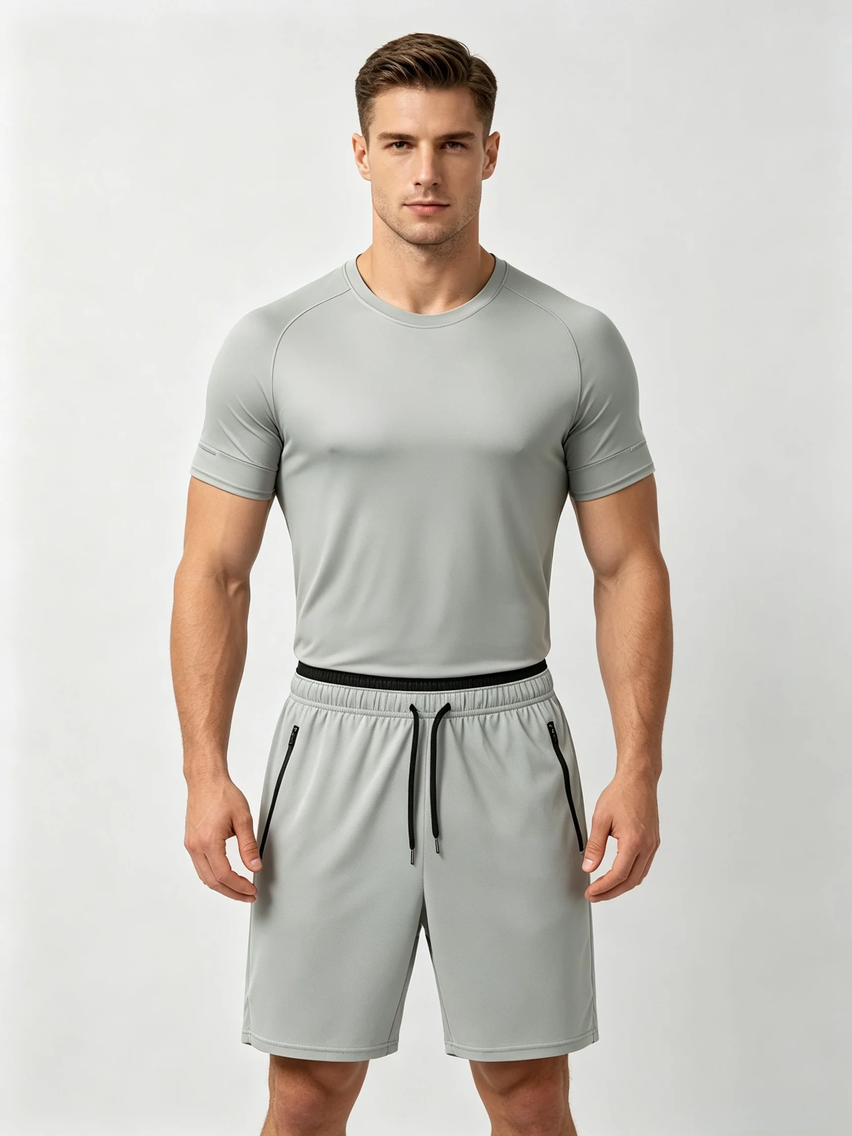 Men's Summer Quick-drying Sports Suit Shoulder Short-sleeved Zipper Pocket Shorts Fitness Jogging Two-piece Set