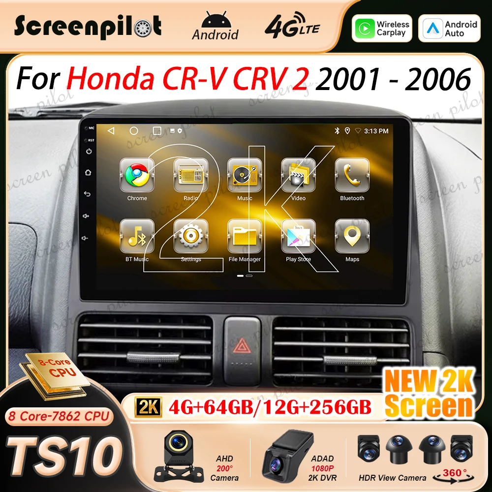 Android 16 Car Radio Stereo For Honda CR-V CRV 2 2001 2002 2003 2004 2005 2006  2K QLED Multimidia Player GPS Navigation 8 Core