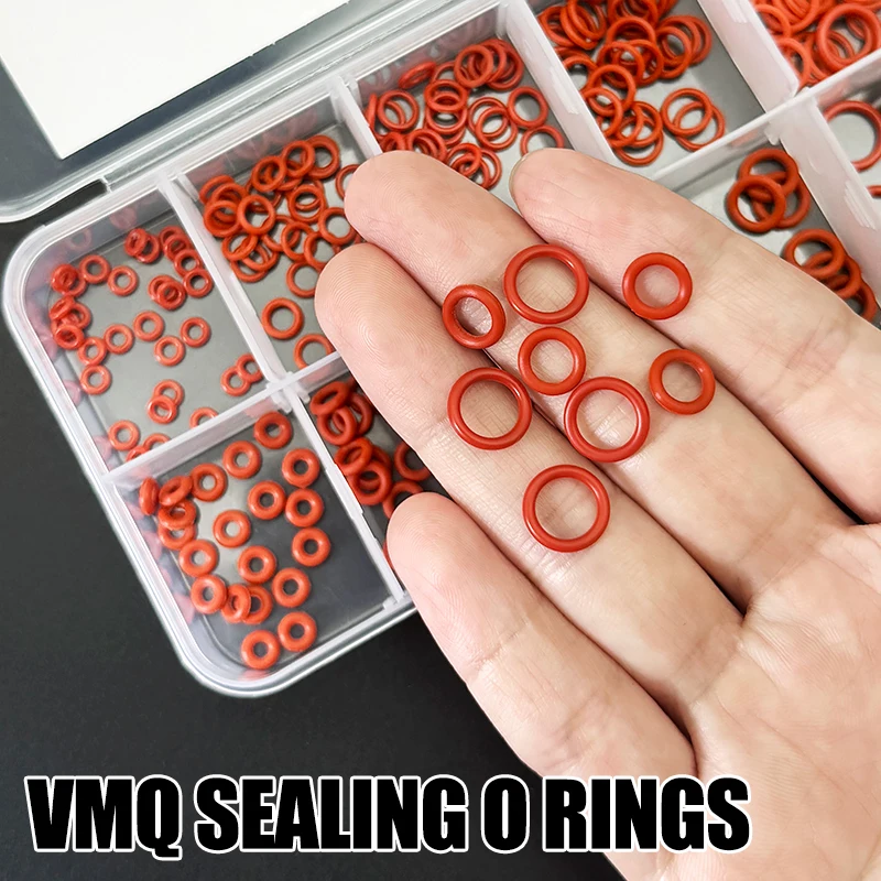 250-teiliges rotes Silikon-O-Ring-Reparaturset in Box, lebensmittelecht, wasserdichte Dichtungen, verschleißfest für Armaturen, Maschinen und Sanitärteile