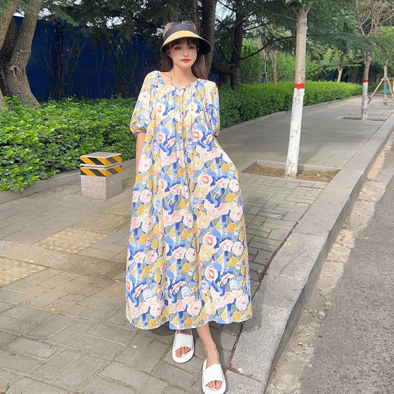 Women New Cotton Silk Dress Spring Summer Explosions Artificial Cotton Floral Dress Thin Large Size Nightgown T0072