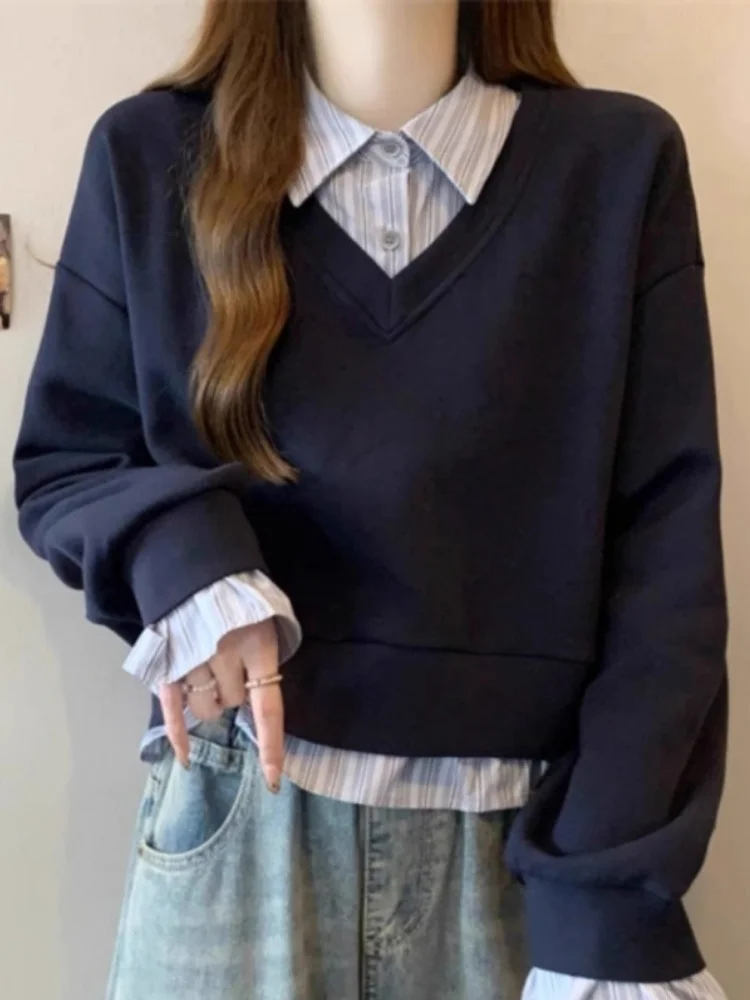 Women Fake Two Piece T-shirt Sweater 2025 Spring Autumn Women's American Two Piece Short Sweatshirt Loose Fit