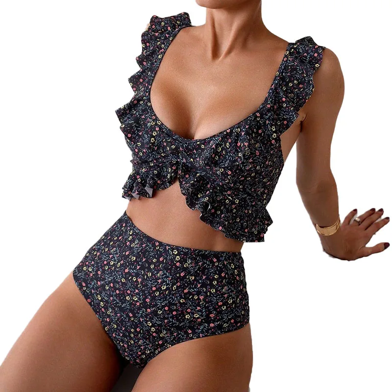 

New Sexy Bikini Set Floral U-neck Ruffle Edge Backless Beach Hot Spring Swimsuit Women's Split Set Two Pieces Swimwear