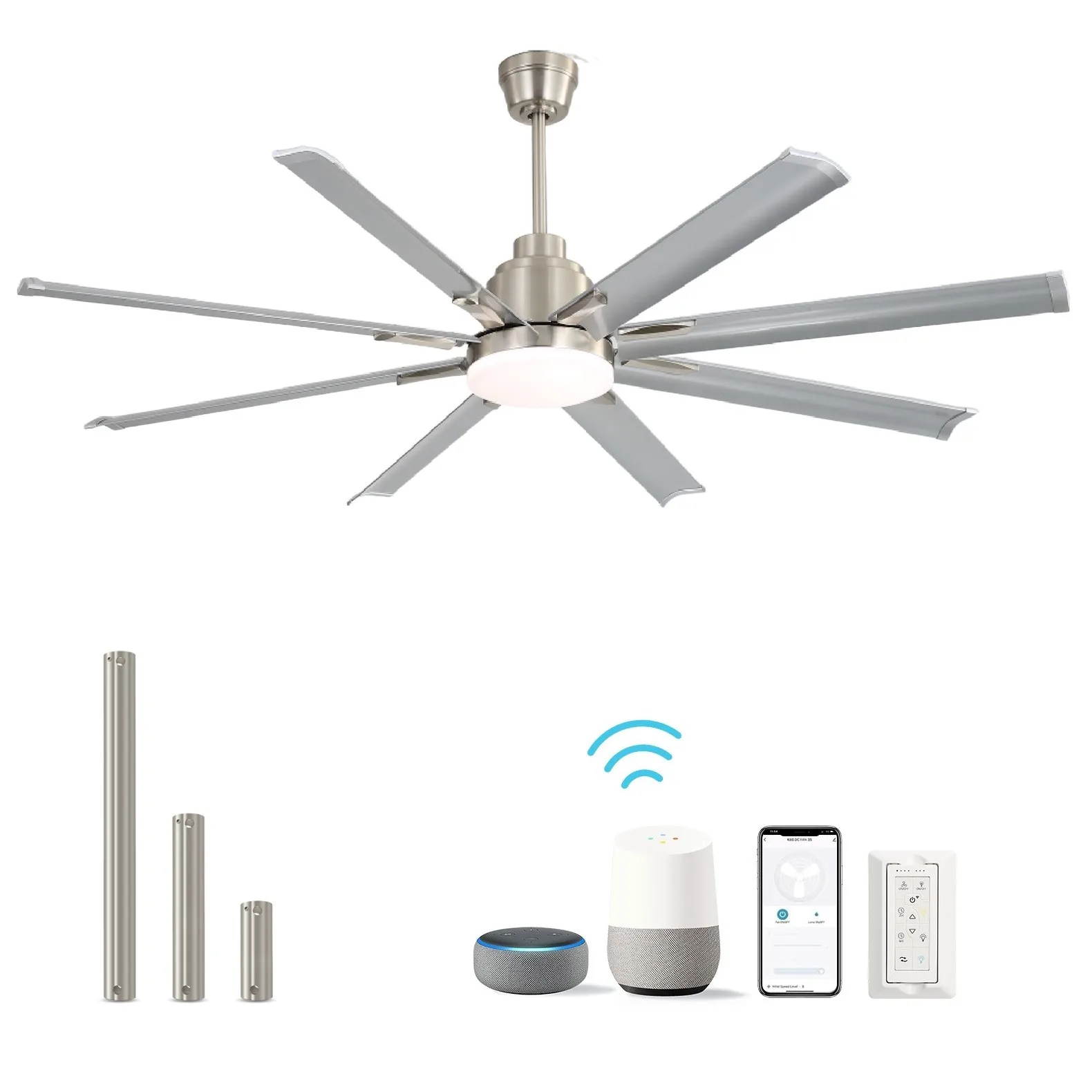 

72in Brush Nickel Smart LED Ceiling Fan Light Kit with Remote & APP Control 3CCT