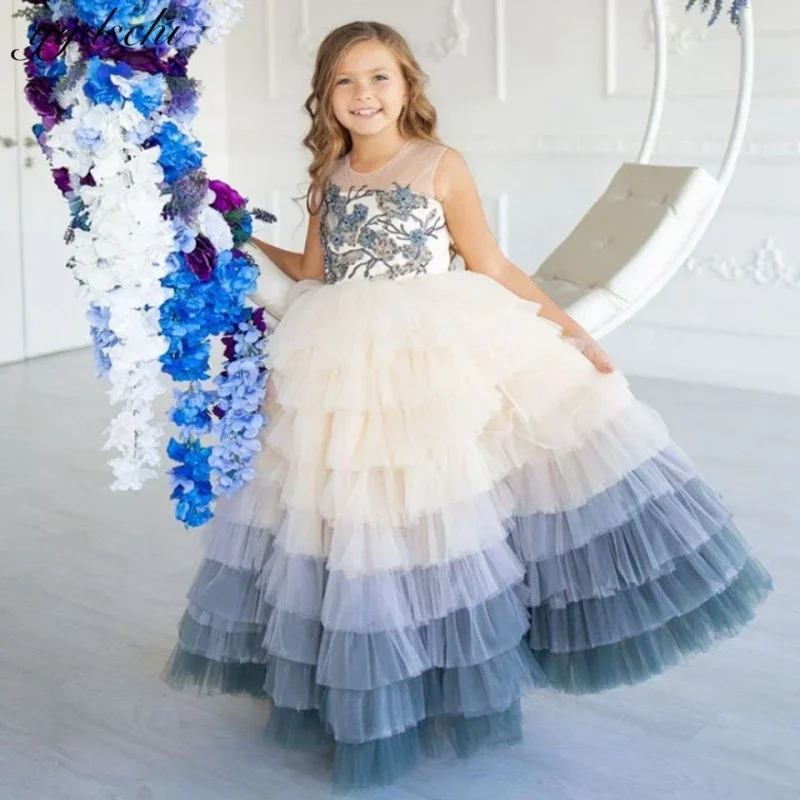 Flower Girls Dresses Sleeveless O-Neck Floor-Length  Ball Gown Wedding Bridesmaid Evening Princess Pageant Dress for Girls 1-14