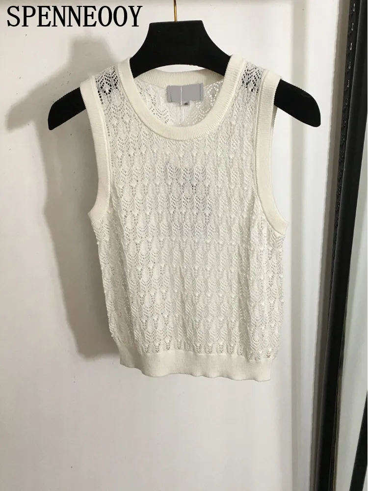 

SPENNEOOY Fashion Runway Summer White Color Thin Style Camisole Women's O-Neck Sleeveless Loose Hollow Out Knitting Sweaters