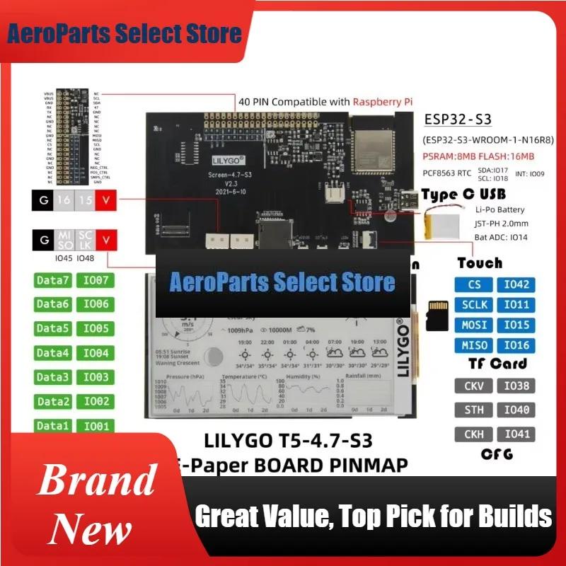 AeroPartsT5 4.7 Inch E-paper V2.3 ESP32-S3 Development Driver Board Display Module Support TF Arduino Compatible Raspberry Pi