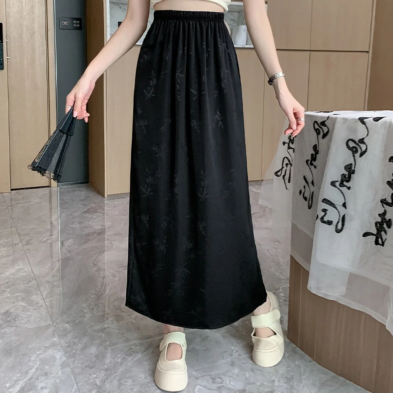 Seoulish กระโปรงผ้าซาตินแจ็คการ์ดสำหรับผู้หญิงกระโปรงมีจีบกลางเอวสูงสำหรับฤดูใบไม้ผลิและฤดูร้อน