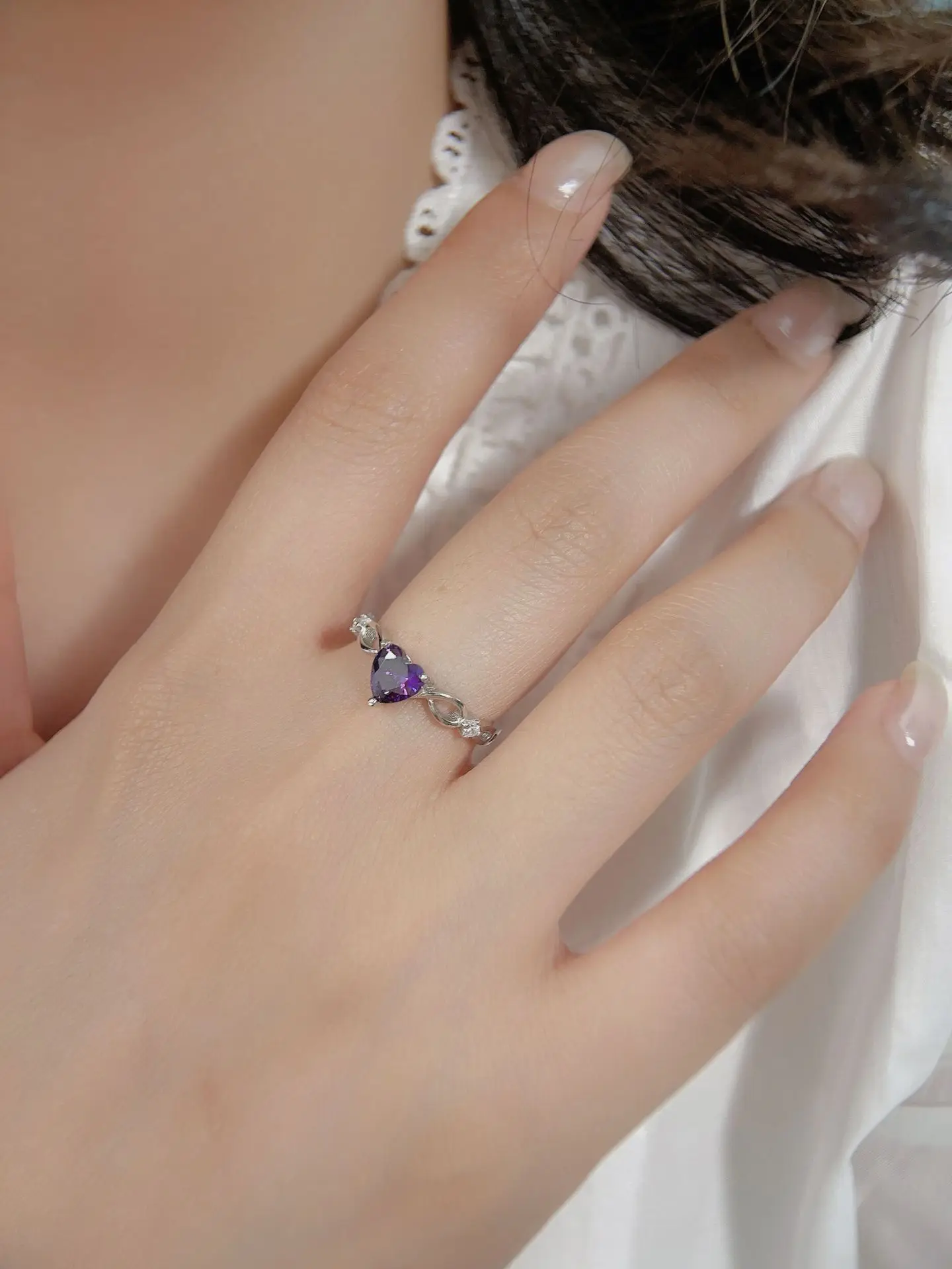 European and American New 100% S925 Sterling Silver Natural Amethyst Purple Heart Ring Fashion Simple Women\'s Gem Ring