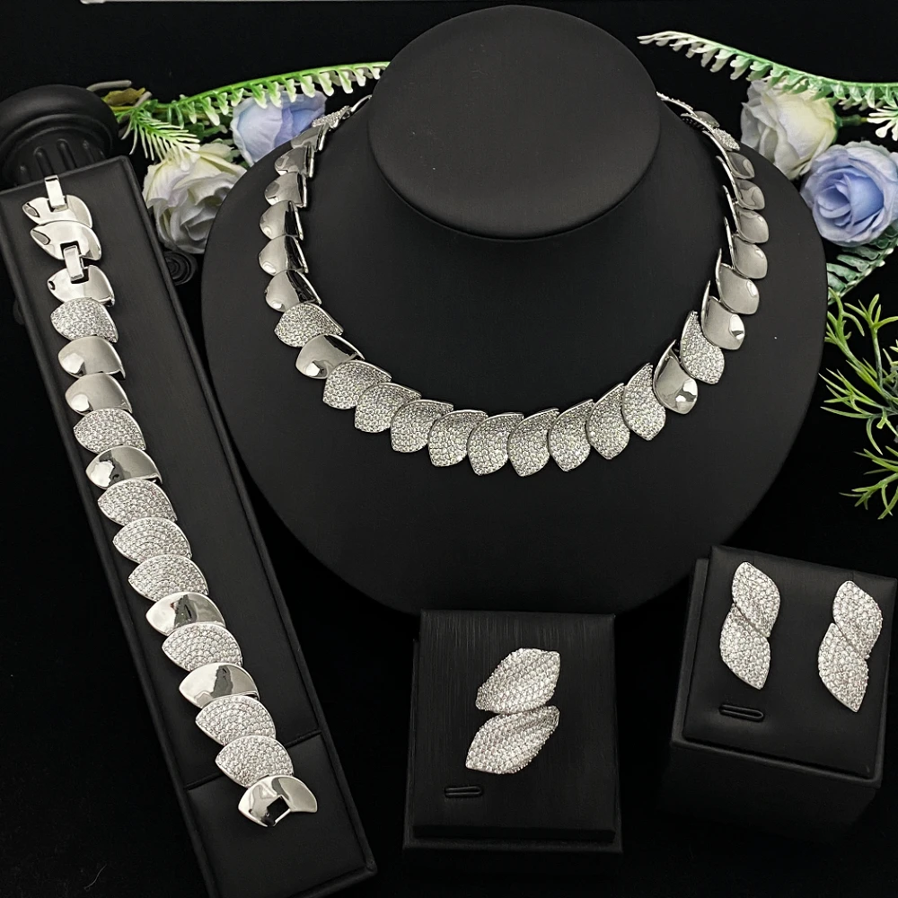 

JRH Elegant Light Luxury Leaf Design Zircon Jewelry Platinum Copper Plated Women Banquet Necklace Earrings Ring Bracelet Set