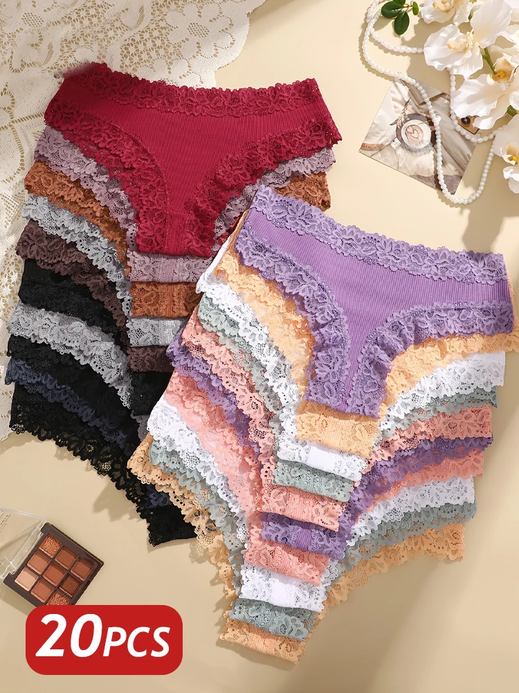 20PCS Women Cotton Brazilian Panties Seamless Lace Thongs Low Rise Female Underwear Comfortable Sexy Lingerie Intimates Panties