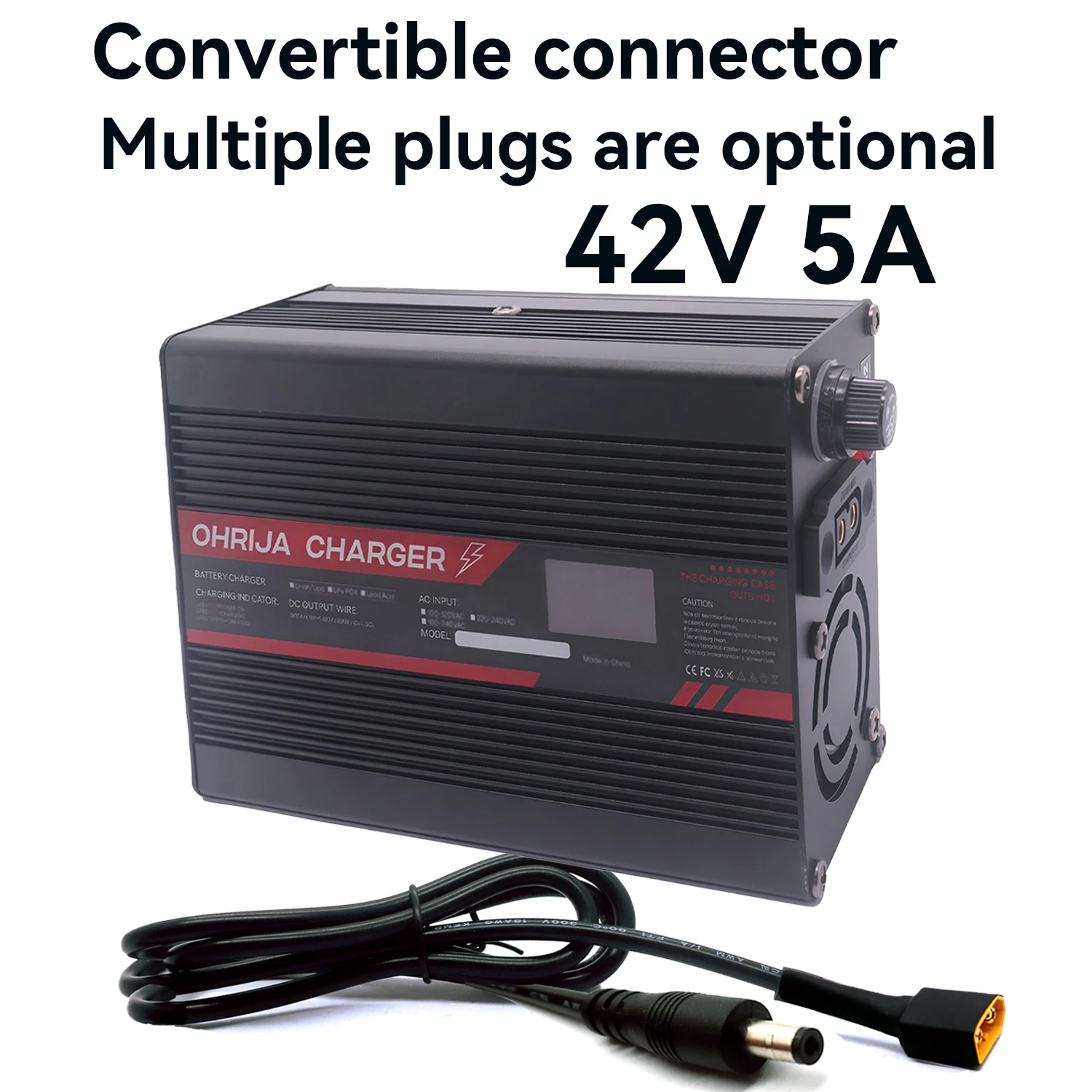 42V 5A Lithium Battery Fast Charger for 10S 37V OLED Display & Interchangeable Connector Fast stabilization with cooling fan