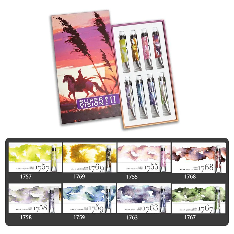 Super Vision Layered Watercolor Paint Tube Set 8ml 16 Colors Master Mineral Water Color for Artist Painting Art Suppliers