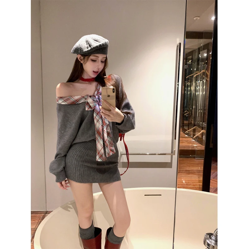 Mini abito lavorato a maglia con colletto obliquo Donna Y2K Plaid Patchwork Abiti maglione Inverno Sexy Gyaru Coreano Manica lunga Abiti aderenti