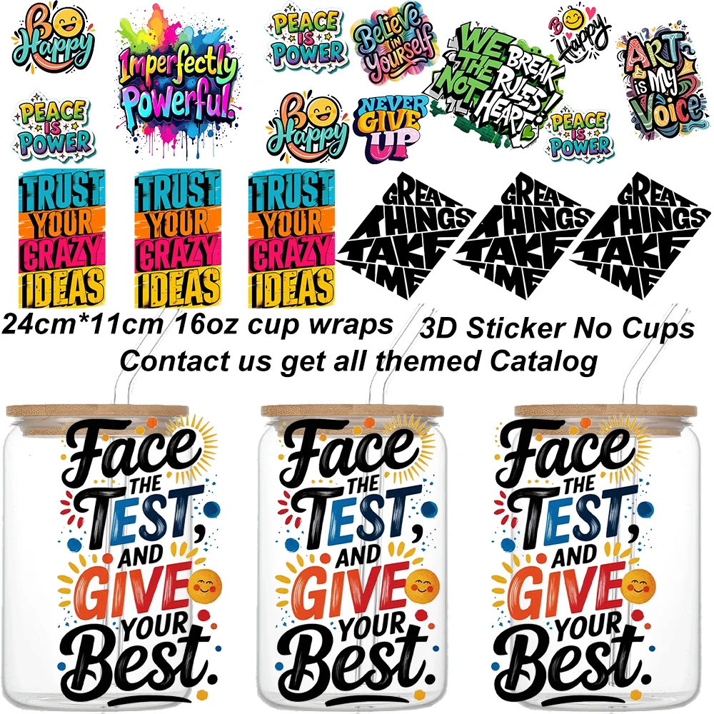 20 Autocollants de transfert 3D avec citations motivantes pour gobelets, DIY UV DTF pour gobelets Libbey de 16 oz, motifs de mots inspirants