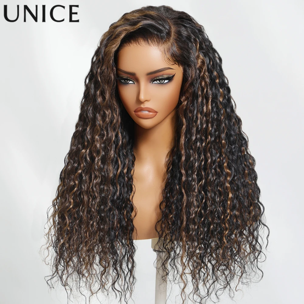 UNice Brown Highlights Water Wave Human Hair Wigs Side Part 7x5 Lace Pre Cut Pre Bleached Glueless Wig 150% Density