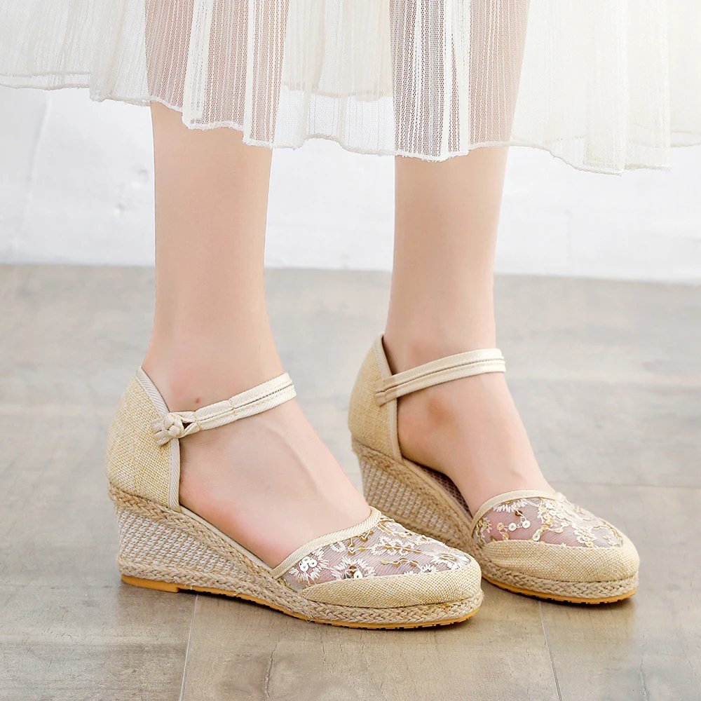 Veowalk sandali espadrillas con zeppa tacco alto 6cm in cotone di lino da donna cinturino alla caviglia da donna fatto a mano estivo scarpe Casual