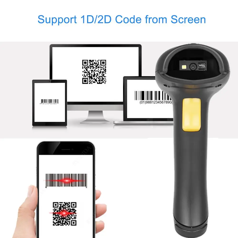 السلكية المحمولة ماسح الباركود 1D 2D Qr قارئ الرمز السلكية USB المحمولة PDF417 DM رمز الباركود الماسح الضوئي 2d لمتجر المتجر