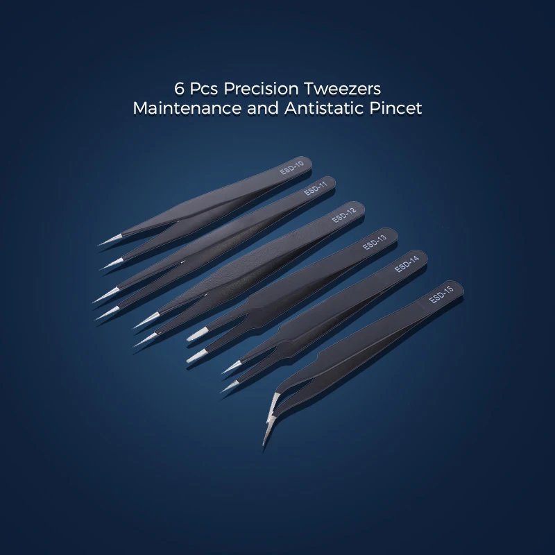 6 Pcs Precision Tweezers, ESD Maintenance and Antistatic Pincet, Stainless Steel Industrial Electronic Components, Hand Tools