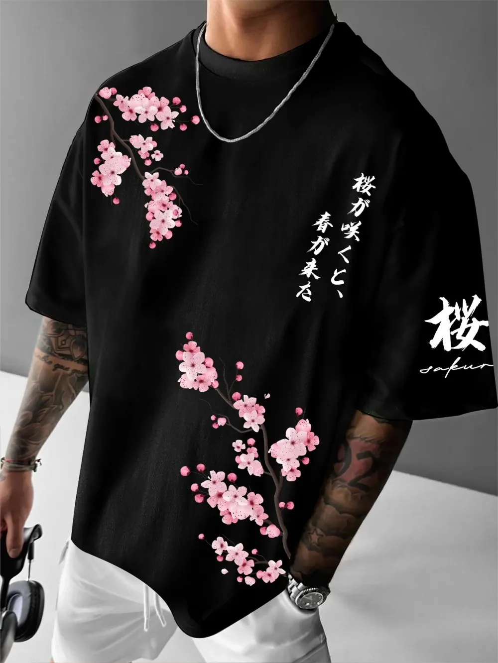 European and American men's summer fashion cherry blossom letter print soft and breathable garden T-shirt outdoor street top