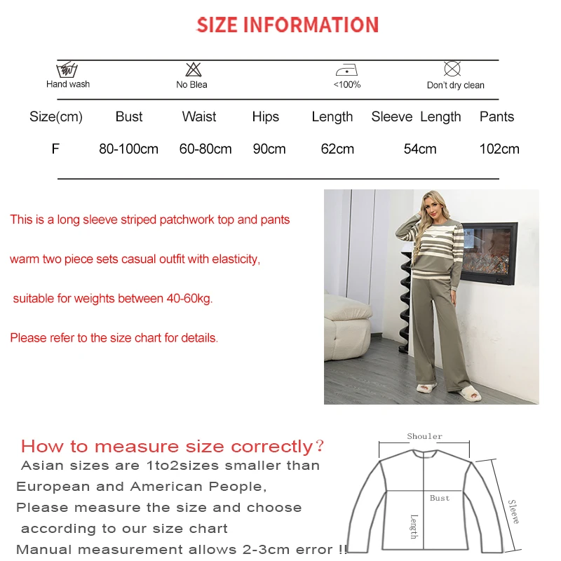 HELIAR Women Two-piece Set Striped Long Sleeve O-Neck Sweater and Wide Leg Pants Set Knit Office Women Outfit Warm Fall Winter