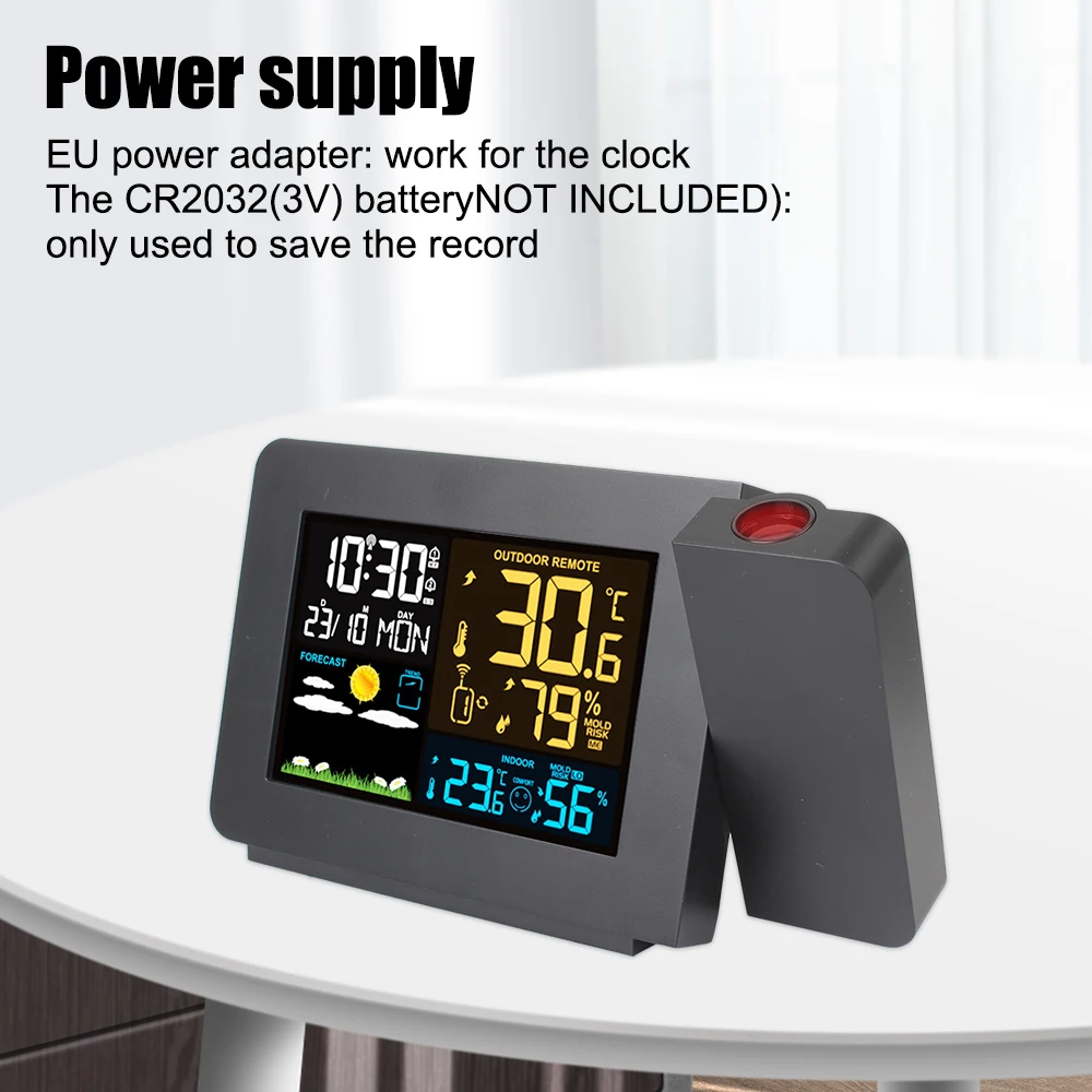 EU Indoor Outdoor Snooze Temperature Weather Station Humidity Digital Alarm LED Table Clock With Time Projection