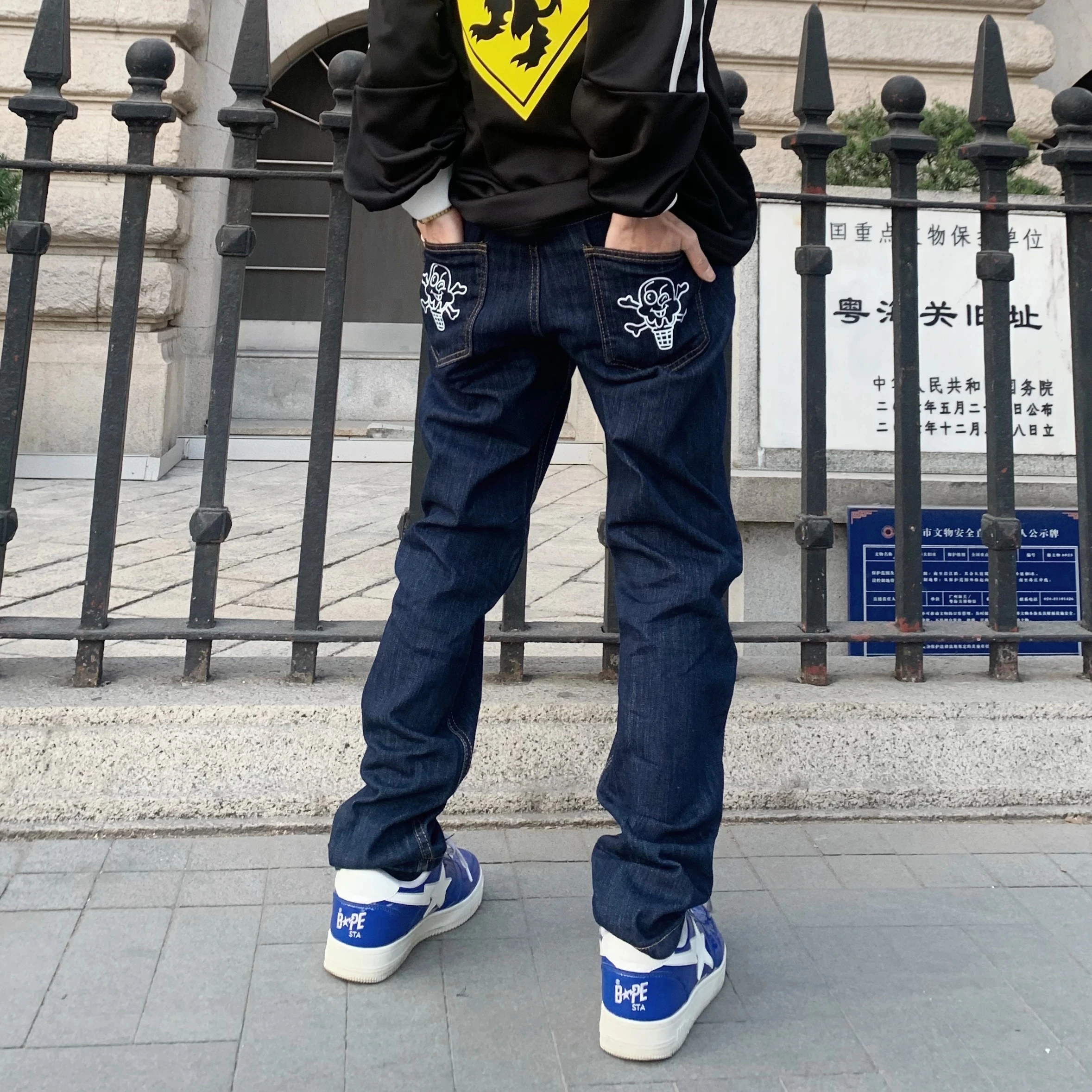 

Dog Print Straight Loose Jeans Mens Retro High Street Oversize Casual Denim Trousers Harajuku Washed Hip Hop Jean Pants