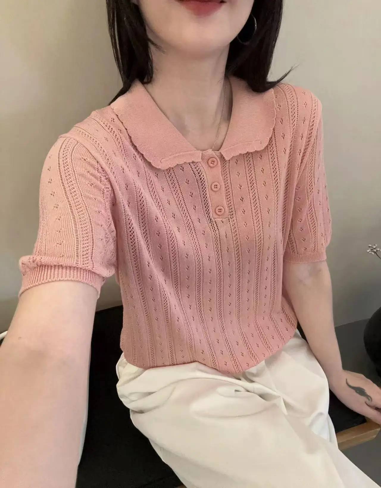 Women's Summer Knitted Short-Sleeved Pullover Vest Doll Collar Lace-Up Solid Color Fashionable Thin Top