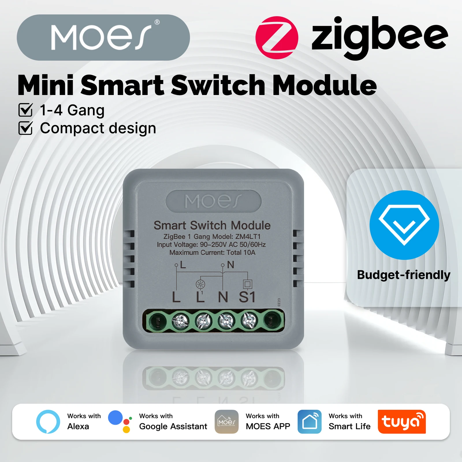 MOES Zigbee 3.0 Mini Smart Switch Module 10A In‑Wall Relay Timer App Voice Control Work with Tuya Alexa Google Home