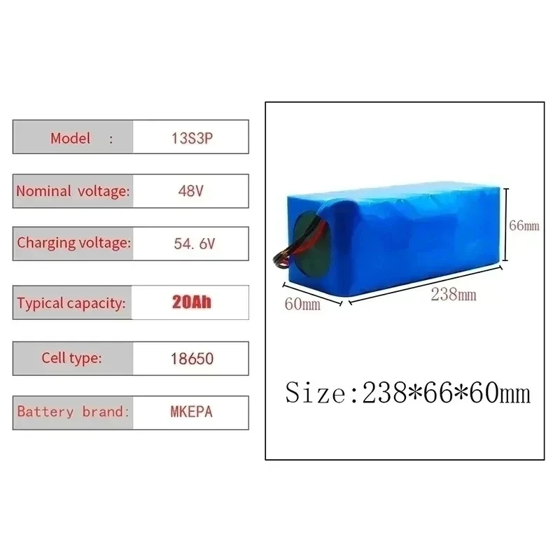 2024 New 13S3P 48V 20000mAh 20Ah Lithium-ion Battery Pack with 1000W BMS for 54.6V E-bike Electric Bicycle Scooter