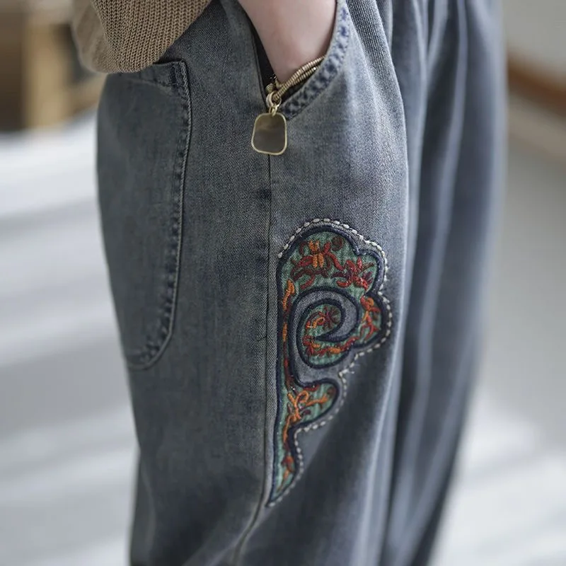 Mom Baggy Embroidery Harem Jeans Elastic High Waist Casual Korean Fashion Loose Vaqueros  Streetwear Vintage Women Denim Pants