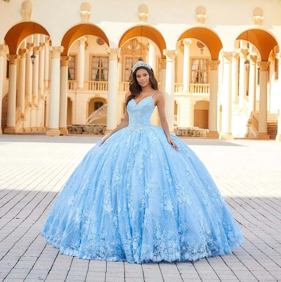 Robe Quinceanera bleu ciel, robe de bal, bretelles Spaghetti, Tulle, applications bouffantes, douce, 16 robes