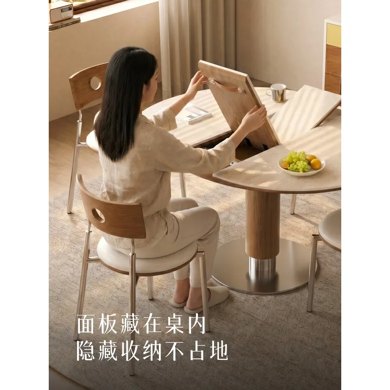 Yiqi Yimu travertine rock slab solid wood telescopic round dining table becomes oval stretching small apartment folding multi-fu