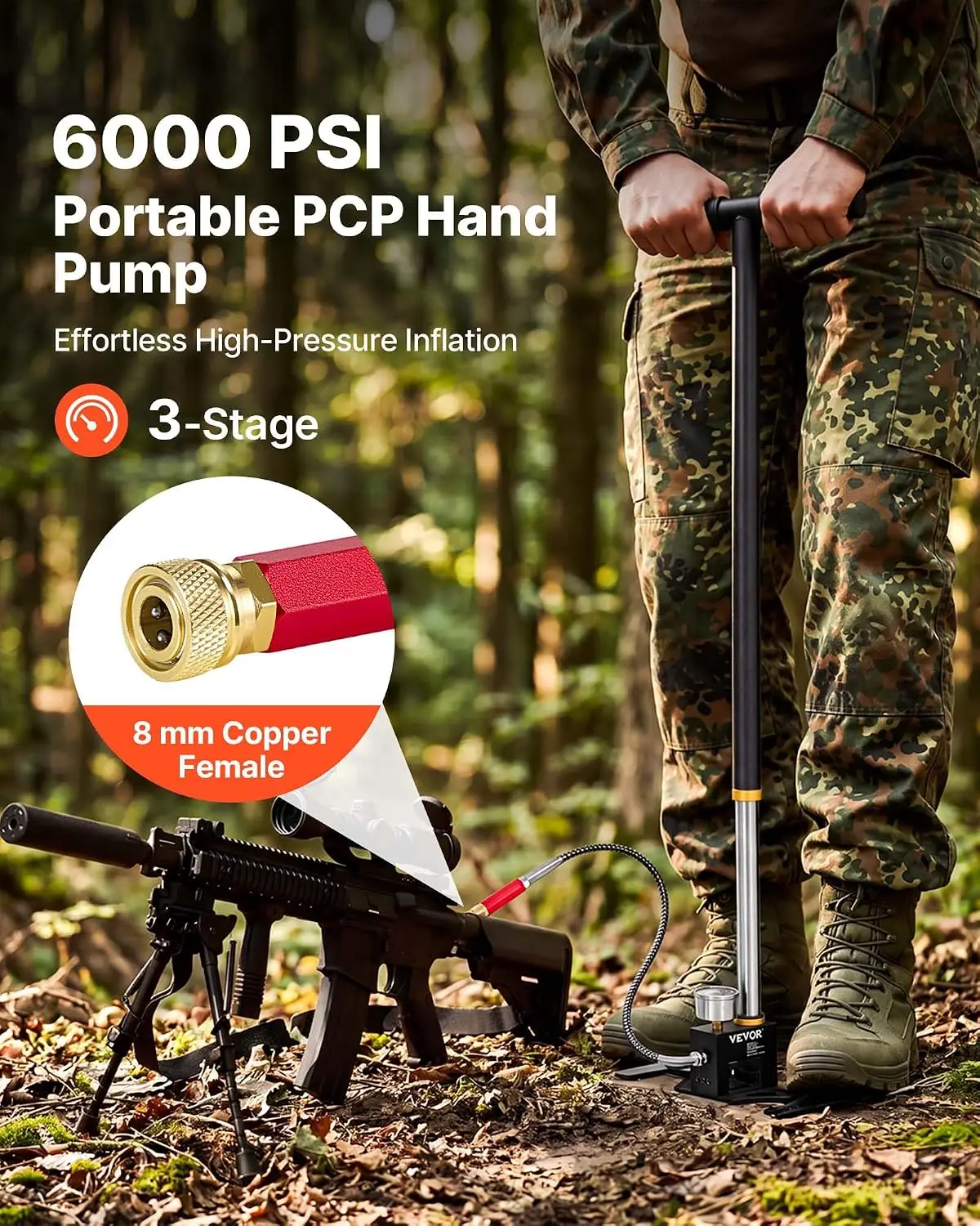PCP Hand Pump, 3/3.5/4 Stage, High Pressure Air Rifle Filling Stirrup Pump, 4500-6000 PSI, with Oil-Moisture Filter, Pressure Ga