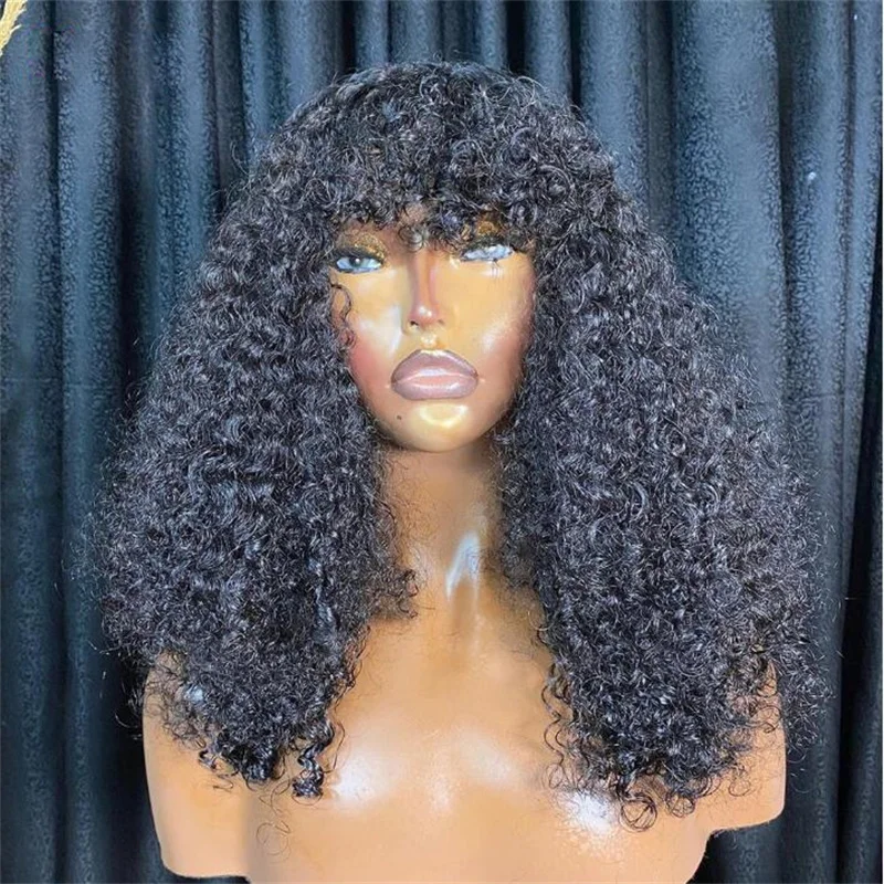 Плотность 180, 26 дюймов, длинный натуральный черный, мягкий, бесклеевой, странный, вьющийся парик с челкой для женщин, предварительно выщипанные детские волосы, термостойкие