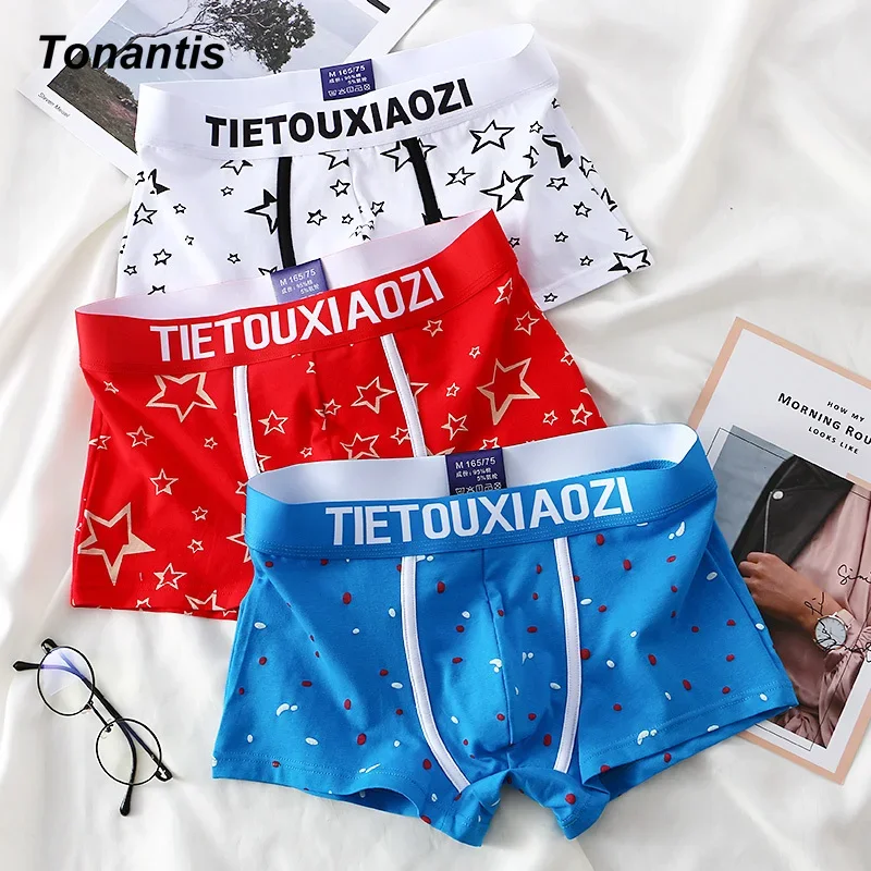 3Pcs/Set Mens Underwear Fashion Cotton Boxer Shorts Creative Stars Printing Men\'s Panties Plus Size Breathable Male Underpants