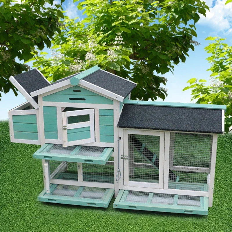 Outdoor Solid Wood Double Cat House Large Rabbit Chicken Cage with Button Closure Rain Sun Protection for Pets Including Dogs