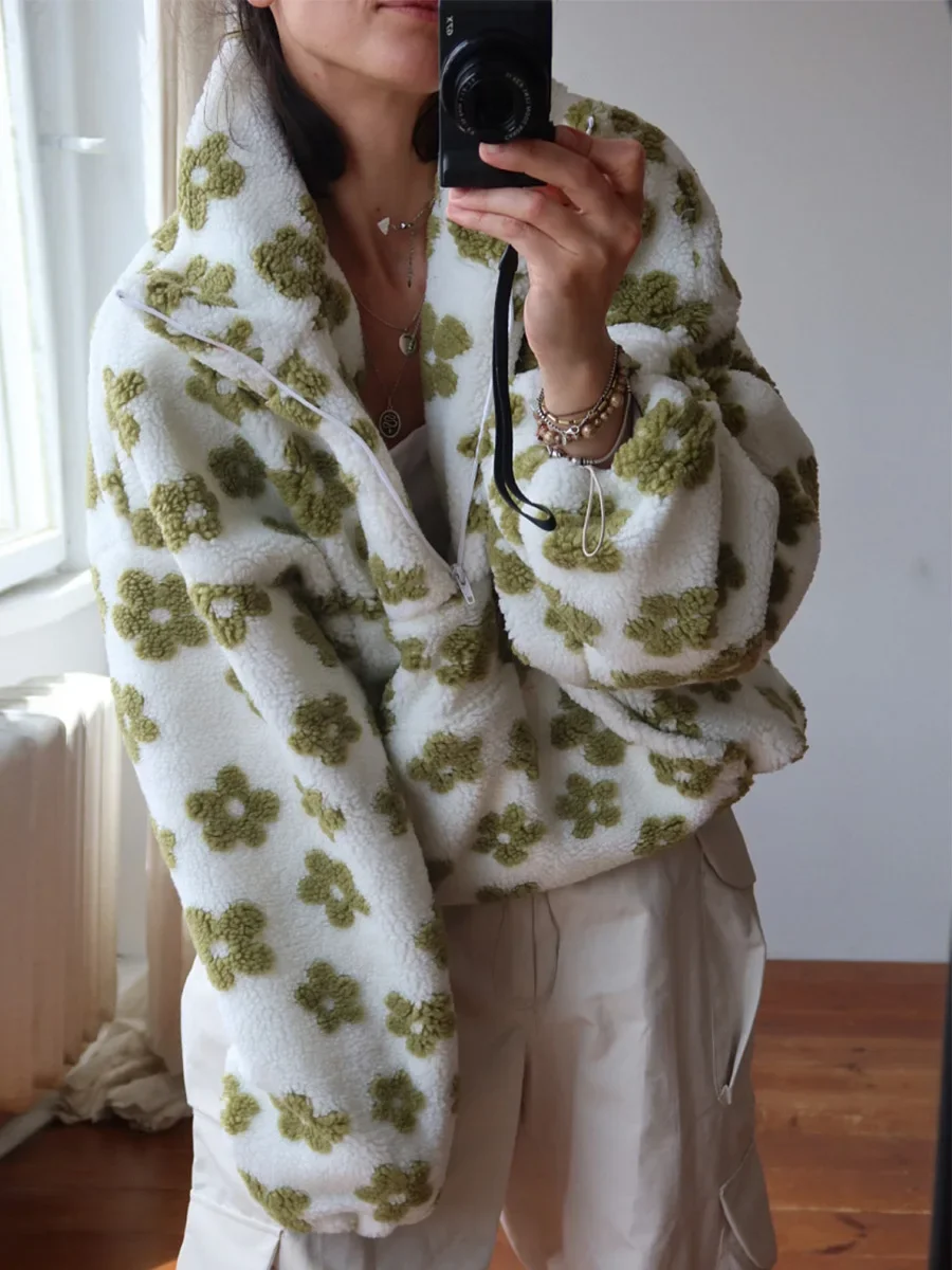 Blubelle جديد الخريف الشتاء المرأة شيربا الأزهار البلوز هوديس نصف البريدي نمط فضفاض صالح الدافئة أنيق البلوز #4