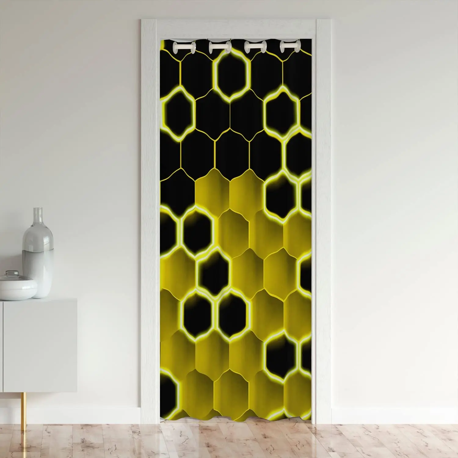 Geometric Hexagon Door Curtains Closet Noren for Hallway Entrance Pantry Bedroom Blackout Doors Cover Grommet Divider Curtain