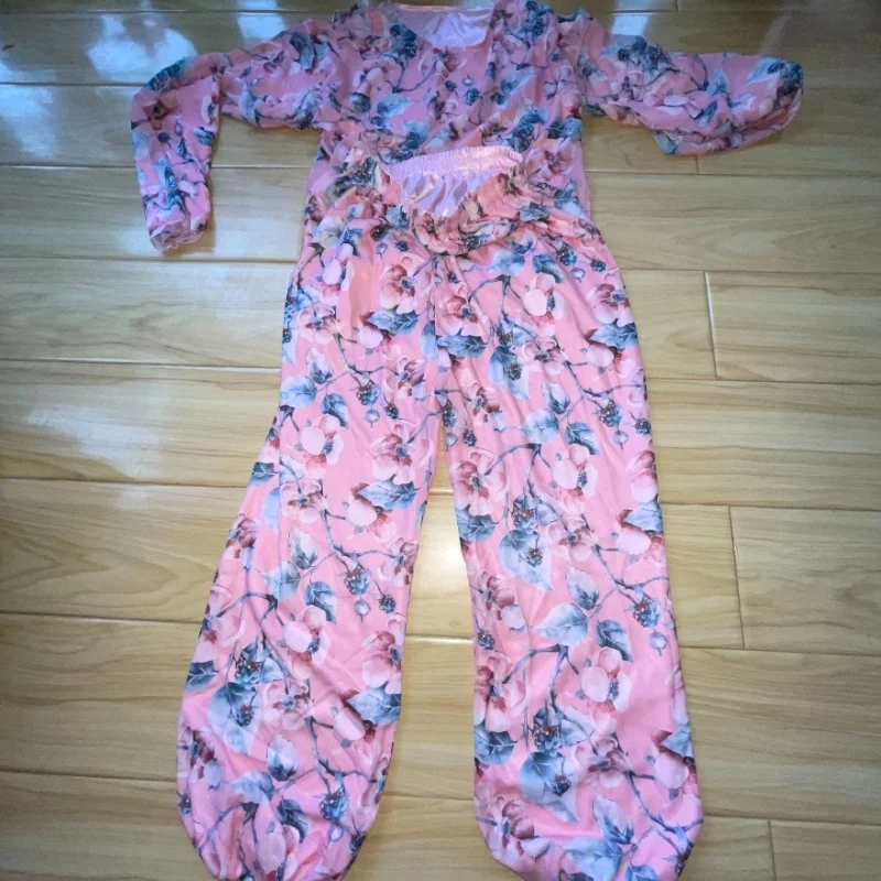 Double-layer Silk Chiffon Floral Long Sleeves Top And Lantern Trousers Men And Women Soft Silky Touch Pajamas Home Wear