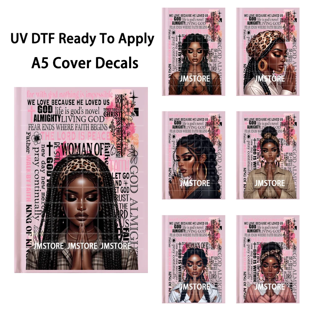 Floral Christian Afro Girls Praying UV DTF Notebook Cover Decals Ready To Apply Durable Transfer Stickers For A5 Journal Cover